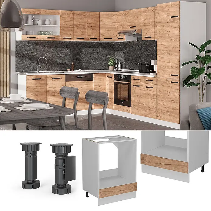 Vicco Schrankküche R-Line Goldkraft Eiche ohne Arbeitsplatte - Goldkraft Eiche, Herdumbauschrank 60 cm - Moderne Küche mit hellen Holzschränken, schwarzen Griffen, dunkler Arbeitsplatte. Komponenten: verstellbare Füße, Unterschrank für Ofen.