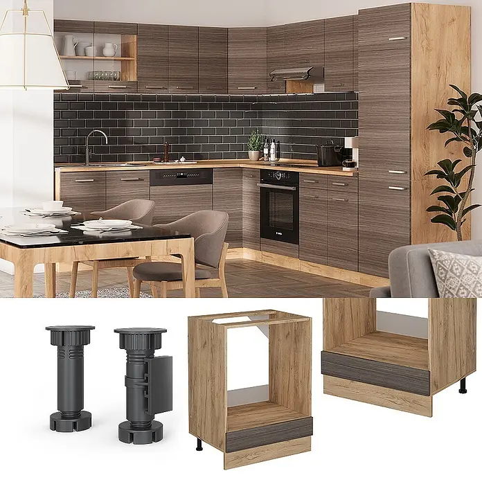 Vicco Schrankküche R-Line Edelgrau AP Marmor - Edelgrau, Herdumbauschrank 60 cm, AP Marmor - Moderne Küche mit Holzmaserungsschränken und dunklen Sockelleisten, gezeigt mit verstellbaren Nivellierfüßen und Schrankskeletten.