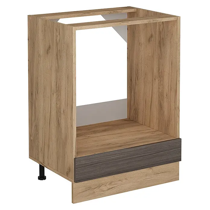 Vicco Schrankküche R-Line Edelgrau ohne Arbeitsplatte - Edelgrau, Herdumbauschrank 60 cm - Helles Holz-Effekt Unterschrank für Backofen mit dunkelgrauer Sockelblende.