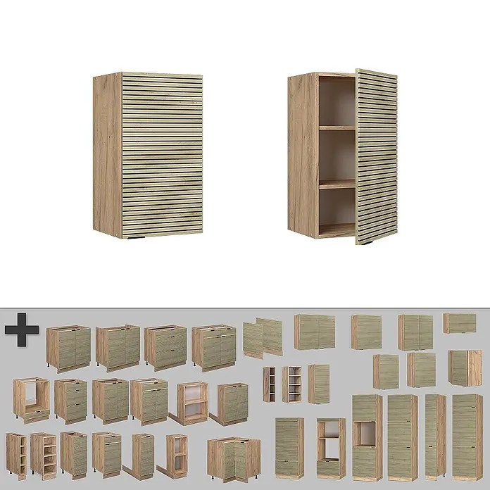 Vicco Schrankküche Fame-Line Eiche Paneel - Eiche Paneel, Hängeschrank 40 cm - Eine Kollektion von hellen Holzschrankmodulen mit Lamellentüren, in verschiedenen Konfigurationen für Küche oder Stauraum.