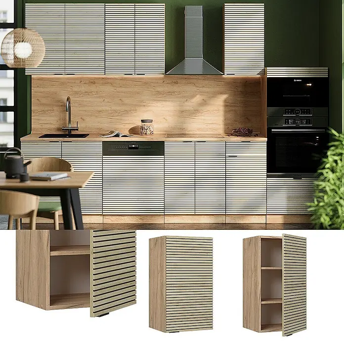Vicco Schrankküche Fame-Line Eiche Paneel - Eiche Paneel, Hängeschrank 40 cm - Helle Holz-Küchenschränke mit Lamellenfronten und dunklen Linien.