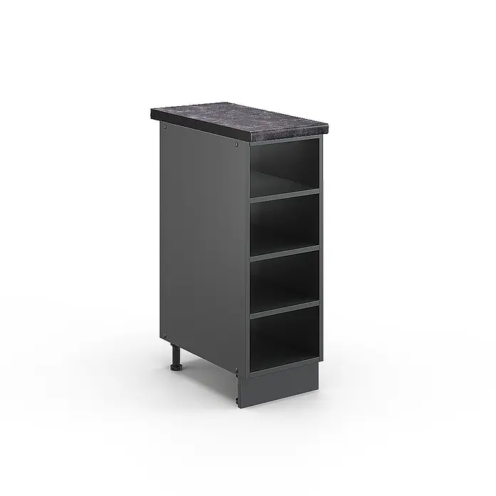 Vicco Schrankküche Fame-Line Anthrazit, AP Anthrazit - Anthrazit, Regalunterschrank 30 cm, AP Anthrazit - Dunkelgrauer schmaler Schrank mit vier offenen Fächern und einer dunklen, gesprenkelten Arbeitsplatte.