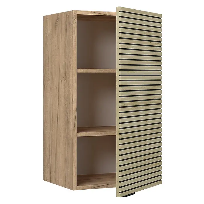 Vicco Schrankküche Fame-Line Eiche Paneel - Eiche Paneel, Hängeschrank 40 cm - Helles Holz-Hängeschrank mit offenen Regalfächern und einer teils geöffneten Lamellentür.