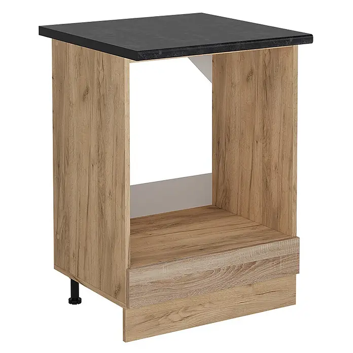 Vicco Schrankküche R-Line Sonoma, AP Anthrazit - Sonoma, Herdumbauschrank 60 cm, AP Anthrazit - Küchenunterschrank in Holzoptik mit schwarzer Arbeitsplatte und offener Nische für Einbaugerät.