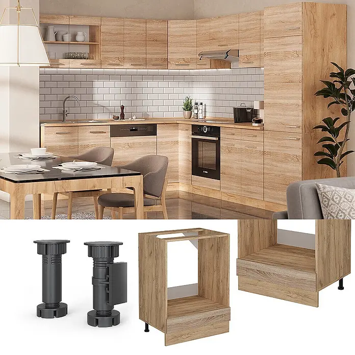 Vicco Schrankküche R-Line Sonoma, AP Anthrazit - Sonoma, Herdumbauschrank 60 cm, AP Anthrazit - Moderne modulare Küche mit hellen Holzoptik-Schränken und integrierten Geräten. Zeigt verstellbare Beine und Unterschrankrahmen.
