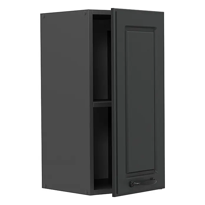 Vicco Schrankküche R-Line Anthrazit Landhaus - Anthrazit Landhaus, Hängeschrank 30 cm - Dunkelgrauer Wandschrank mit leicht geöffneter Tür, offenbart ein Regal innen. Mit schwarzem Griff.
