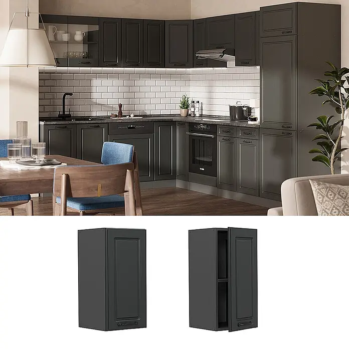 Vicco Schrankküche R-Line Anthrazit Landhaus - Anthrazit Landhaus, Hängeschrank 30 cm - Dunkelgrauer Küchenwandschrank mit Kassettentür, in Küche eingebaut und geöffnet mit Regalen sichtbar.