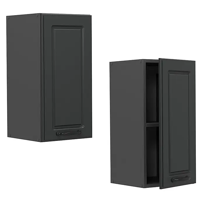 Vicco Schrankküche R-Line Anthrazit Landhaus - Anthrazit Landhaus, Hängeschrank 30 cm - Zwei dunkelgraue Hängeschränke, einer geschlossen mit Kassettentür und Griff, der andere offen mit Innenfach.