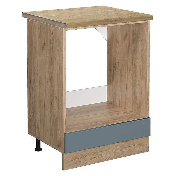 Vicco Schrankküche R-Line Blau-Grau, AP Eiche - Blau-Grau, Herdumbauschrank 60 cm, AP Eiche - Unterbauschrank für Backofen in heller Holzoptik mit blaugrauer Sockelblende.