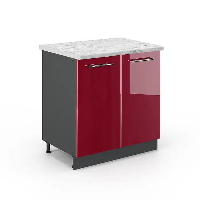 Vicco Schrankküche Fame-Line Bordeaux Hochglanz, AP Marmor - Bordeaux Hochglanz, Spülenunterschrank 80 cm, AP Marmor - Küchenunterschrank mit Marmorarbeitsplatte, dunkelgrauen Seiten und glänzenden roten Türen mit Chromgriffen.