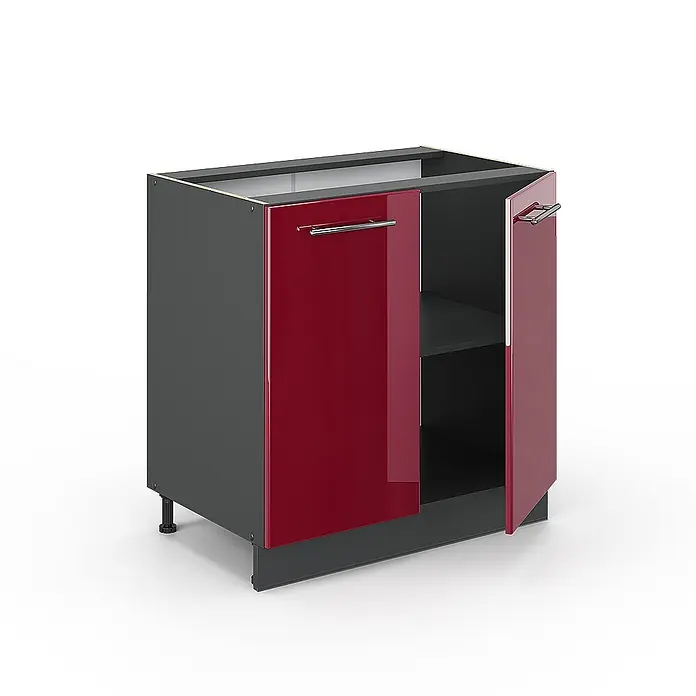Vicco Schrankküche Fame-Line Bordeaux Hochglanz, AP Marmor - Bordeaux Hochglanz, Spülenunterschrank 80 cm, AP Marmor - Küchenunterschrank in Dunkelgrau mit glänzenden roten Türen und Chromgriffen. Eine Tür ist geöffnet, ein Regal ist sichtbar.