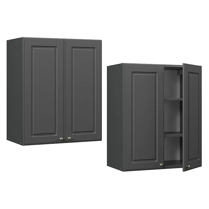 Vicco Schrankküche Fame-Line Anthrazit-Gold Landhaus - Anthrazit-Gold Landhaus, Hängeschrank 60 cm - Zwei dunkelgraue Küchenschränke, einer geschlossen, einer offen mit Regalböden, mit Kassettenfronten und kleinen Knöpfen.