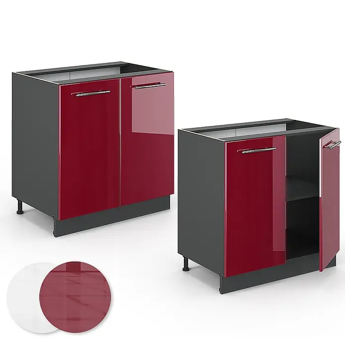 Vicco Schrankküche Fame-Line Bordeaux Hochglanz, AP Marmor - Bordeaux Hochglanz, Spülenunterschrank 80 cm, AP Marmor - Zwei hochglanz rote und graue Küchenunterschränke, einer offen mit Regal. Inklusive roten und weißen Farbmustern.