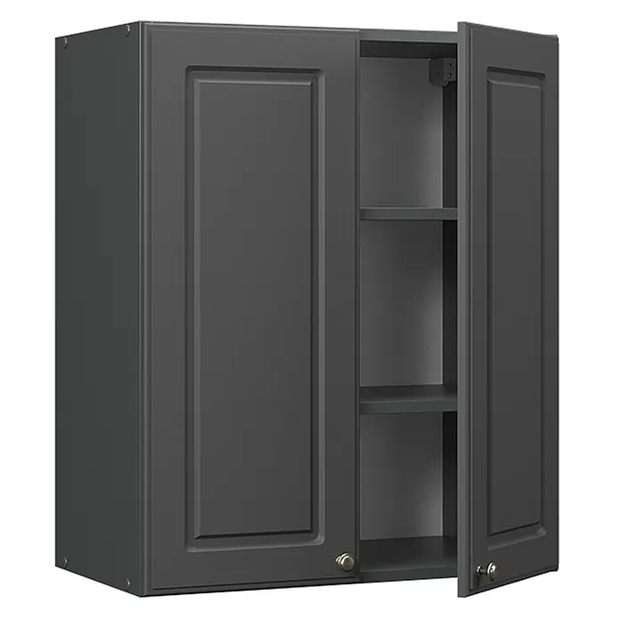 Vicco Schrankküche Fame-Line Anthrazit-Gold Landhaus - Anthrazit-Gold Landhaus, Hängeschrank 60 cm - Dunkelgrauer Wandschrank mit traditionellen Türen, eine offenbart zwei Regale, und Messingknöpfen.