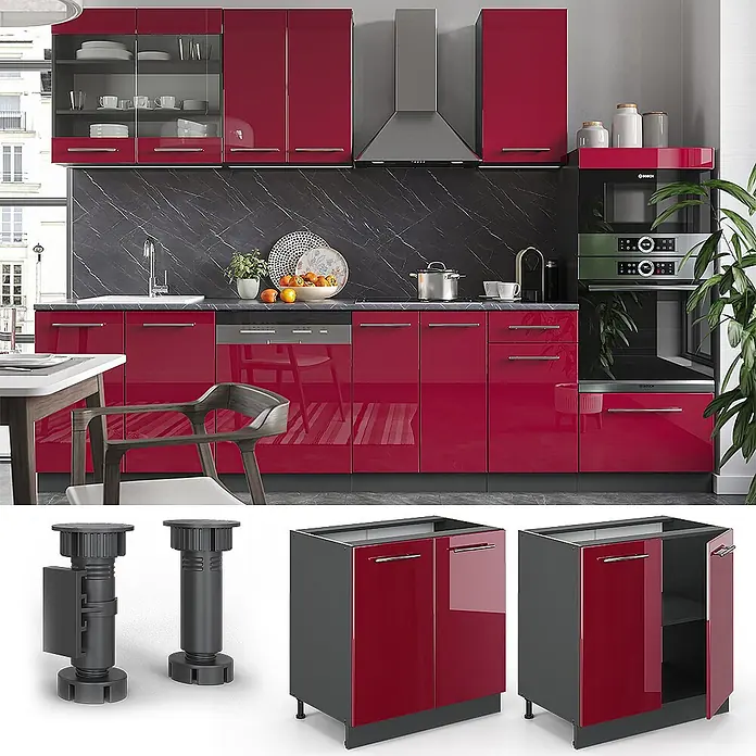 Vicco Schrankküche Fame-Line Bordeaux Hochglanz, AP Marmor - Bordeaux Hochglanz, Spülenunterschrank 80 cm, AP Marmor - Glänzende rote modulare Küchenschränke in einer modernen Küche, Wand- und Unterschränke mit verstellbaren Beinen zeigend.