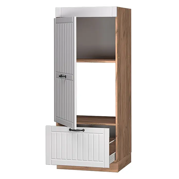 Vicco Vorratsschrank Fame-Line, Weiß Landhaus/Goldkraft Eiche 60 cm -  - Hoher Schrank in Holzoptik mit weißer Lamellentür und Schublade, offenem Oberfach, Regal und teils geöffneter unterer Schublade.