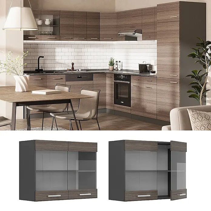 Vicco Schrankküche R-Line Edelgrau - Edelgrau, Hängeglasschrank 80 cm - Moderne Küchenschränke in Holzoptik und Anthrazit, mit Glastüren und integrierten Geräten.