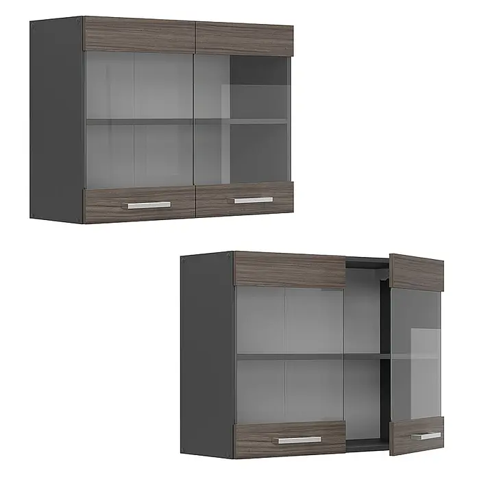 Vicco Schrankküche R-Line Edelgrau - Edelgrau, Hängeglasschrank 80 cm - Dunkelgrauer Wandschrank mit Holzmaserung, zwei Mattglastüren und zwei Schubladen mit silbernen Griffen.