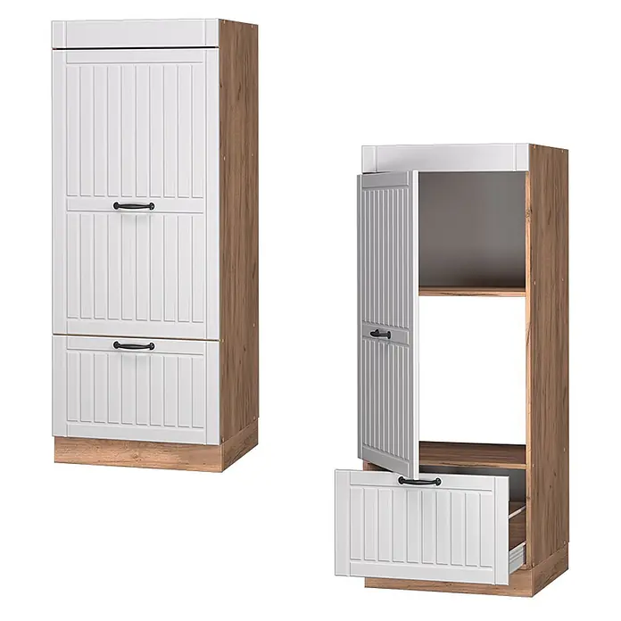 Vicco Vorratsschrank Fame-Line, Weiß Landhaus/Goldkraft Eiche 60 cm -  - Weißer Lamellenschrank mit Holzoptik-Seiten, geschlossen und offen gezeigt mit Einlegeböden und einer Schublade, schwarzen Griffen.