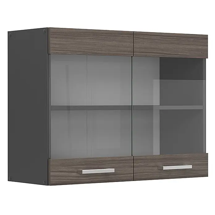 Vicco Schrankküche R-Line Edelgrau - Edelgrau, Hängeglasschrank 80 cm - Moderner Hängeschrank mit dunklen Holzakzenten, zwei Mattglas-Türen, zwei Schubladen und grauen Seiten.