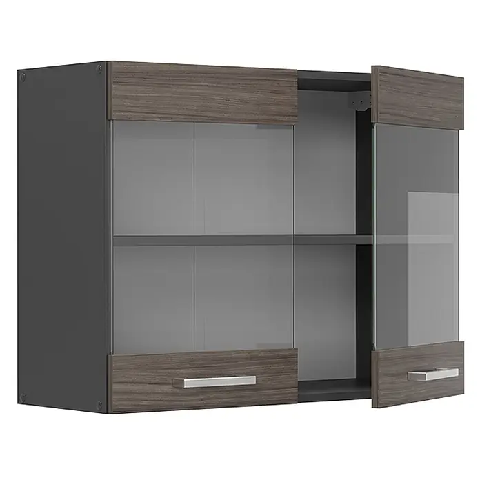 Vicco Schrankküche R-Line Edelgrau - Edelgrau, Hängeglasschrank 80 cm - Zweitüriger Wandschrank mit grauem Korpus, Holzmaserung an Türen und Milchglastüren, eine leicht geöffnet, mit silbernen Griffen.