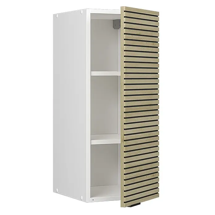 Vicco Schrankküche Fame-Line Eiche Paneel - Eiche Paneel, Hängeschrank 30 cm - Weißer Wandschrank mit offener Lamellentür aus hellem Holz, der zwei Regalböden zeigt.