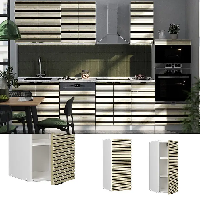 Vicco Schrankküche Fame-Line Eiche Paneel - Eiche Paneel, Hängeschrank 30 cm - Moderne Küche mit hellen Holzlamellen-Schrankfronten. Verfügt über Unter-, Ober- und Hochbauschränke.