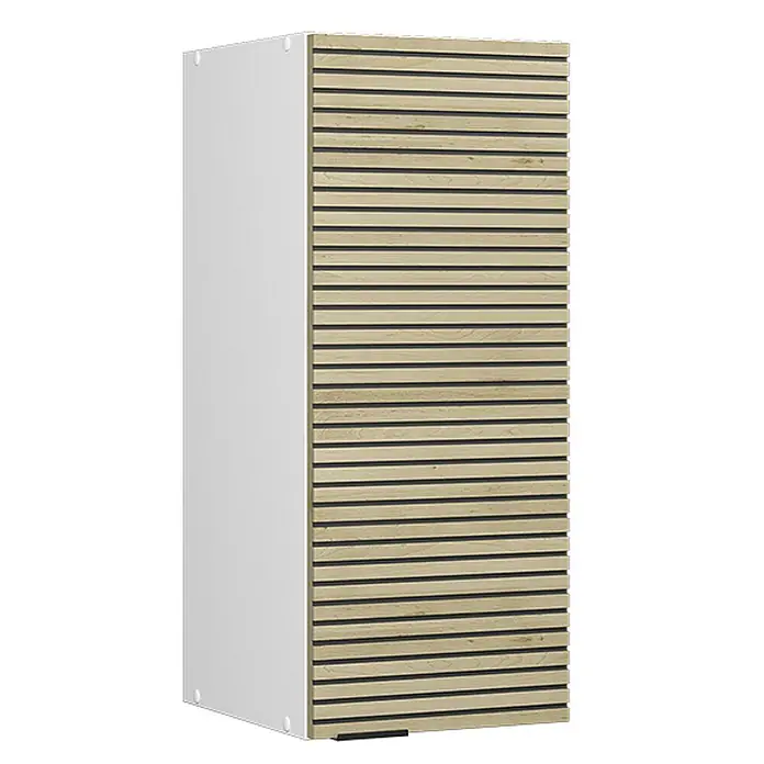 Vicco Schrankküche Fame-Line Eiche Paneel - Eiche Paneel, Hängeschrank 30 cm - Hoher weißer Schrank mit Lamellenfront aus hellem Holz und dunklen Zwischenräumen.
