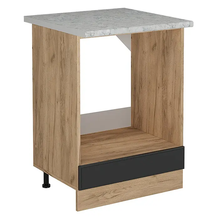 Vicco Herdumbauschrank R-Line, Anthrazit Landhaus, 60 cm -  - Küchenunterschrank in Holzoptik mit grauer Marmor-Arbeitsplatte, offenem Fach und schwarzer Blende.