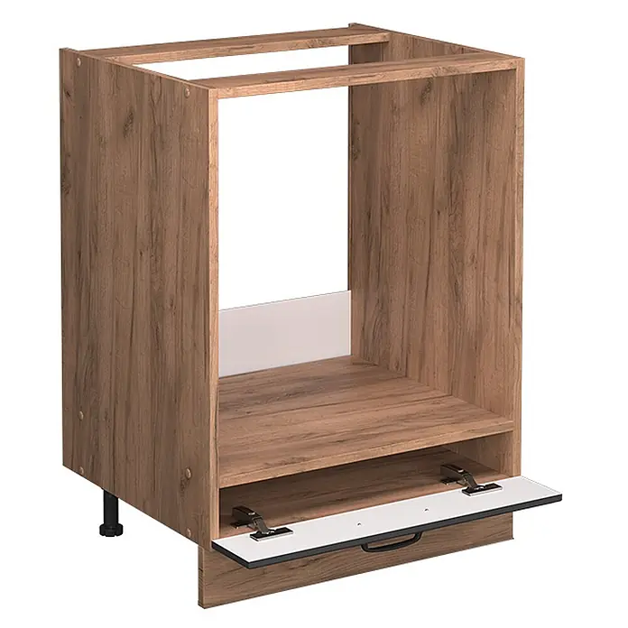 Vicco Schrankküche Fame-Line Dunkelgrau, AP Eiche - Dunkelgrau, Herdumbauschrank 60 cm, AP Eiche - Holzoptik-Ofenunterschrank mit Schublade, in heller Holzmaserung und weißen Elementen.