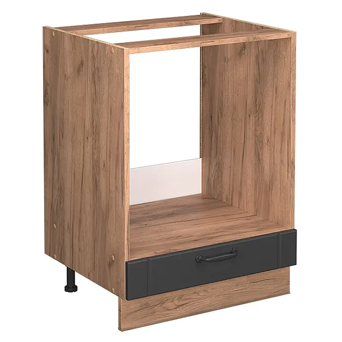 Vicco Schrankküche Fame-Line Dunkelgrau, AP Eiche - Dunkelgrau, Herdumbauschrank 60 cm, AP Eiche - Küchenunterschrank in Holzoptik für Einbauofen, mit dunkelgrauer Schublade und schwarzem Griff.