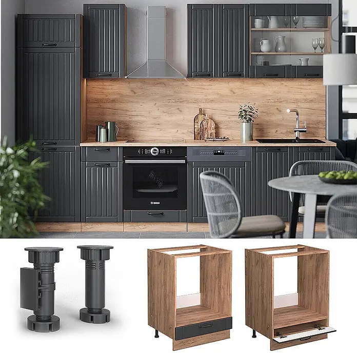 Vicco Schrankküche Fame-Line Dunkelgrau, AP Eiche - Dunkelgrau, Herdumbauschrank 60 cm, AP Eiche - Moderne Küche mit dunkelgrauen Schränken und Holz. Gezeigt werden auch schwarze verstellbare Möbelfüße und hölzerne Unterschränke.