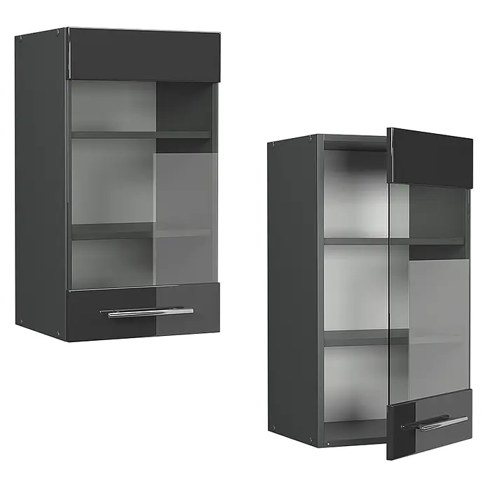 Vicco Schrankküche Fame-Line Anthrazit Hochglanz - Breite: 40 cm, Anthrazit Hochglanz, Hängeglasschrank 40 cm - Zwei dunkelgraue Hängeschränke mit Glastüren, Regalböden und Bodenschubladen, einer geschlossen, einer offen.
