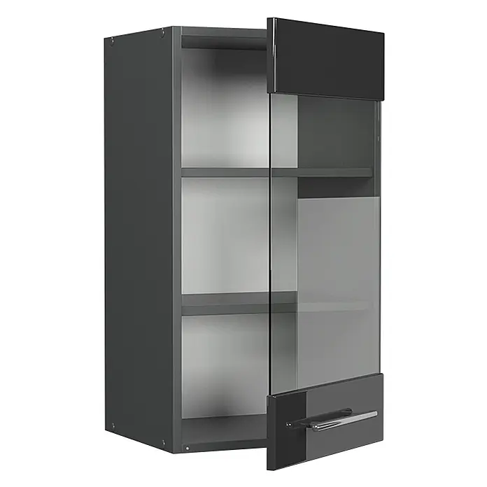 Vicco Schrankküche Fame-Line Anthrazit Hochglanz - Breite: 40 cm, Anthrazit Hochglanz, Hängeglasschrank 40 cm - Dunkelgrauer Wandschrank mit teilweise offener Glastür, dunkelgrauen Paneelen und Chromgriff, zeigt Innenregale.