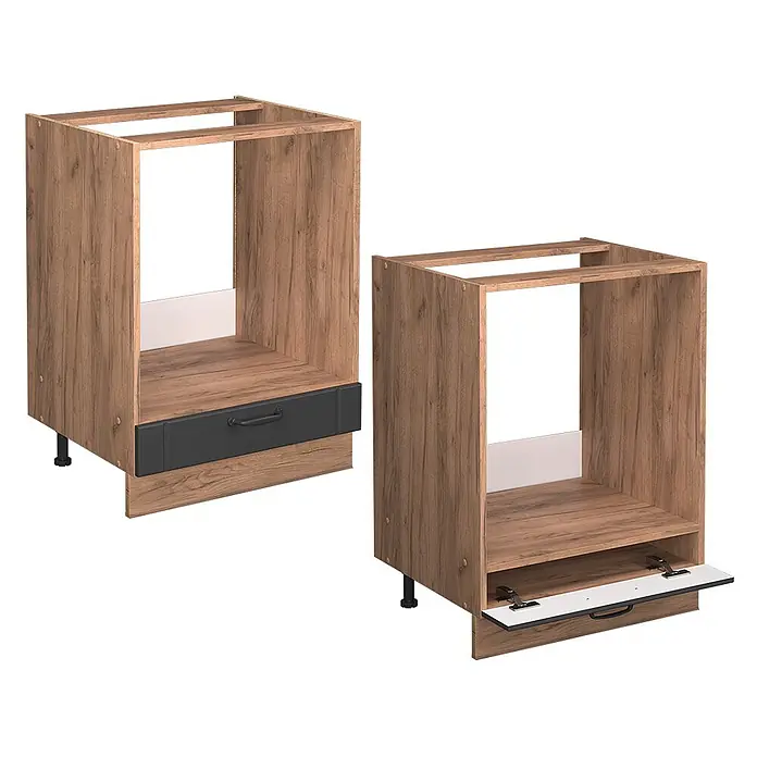 Vicco Schrankküche Fame-Line Dunkelgrau, AP Eiche - Dunkelgrau, Herdumbauschrank 60 cm, AP Eiche - Zwei Küchenunterschränke in Holzoptik. Einer mit dunkelgrauer Schublade, der andere mit Klapptür, beide mit offenem Fach oben.