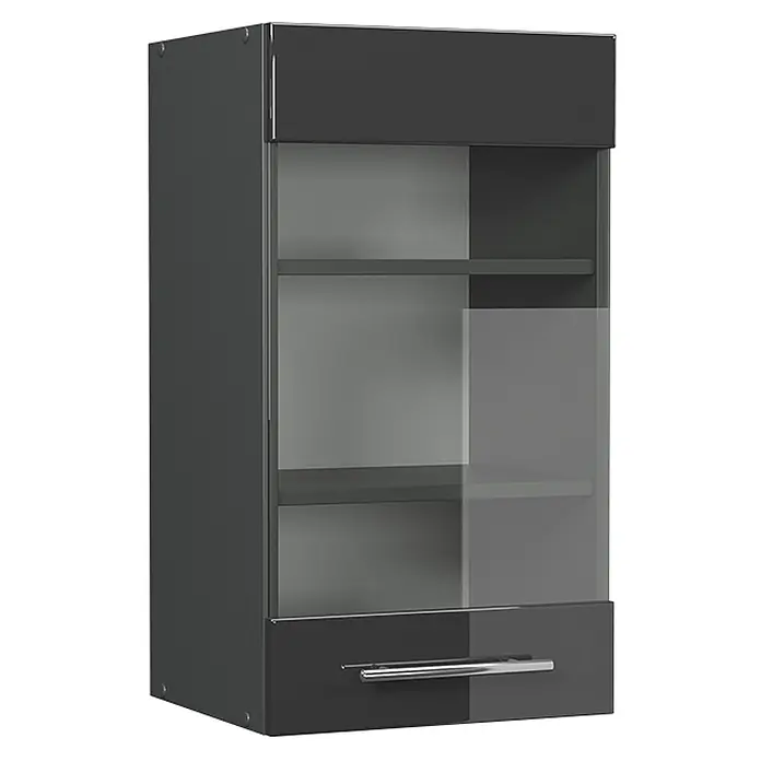 Vicco Schrankküche Fame-Line Anthrazit Hochglanz - Breite: 40 cm, Anthrazit Hochglanz, Hängeglasschrank 40 cm - Dunkelgrauer Hängeschrank mit Glastür, Innenablagen und Schublade mit Chromgriff.