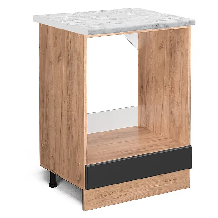 Vicco Schrankküche R-Line Anthrazit Hochglanz AP Marmor - Anthrazit Hochglanz, Herdumbauschrank 60 cm, AP Marmor - Küchenunterschrank für Geräte in Holzoptik mit weißer Marmorplatte und schwarzem Sockel, auf verstellbaren Füßen.