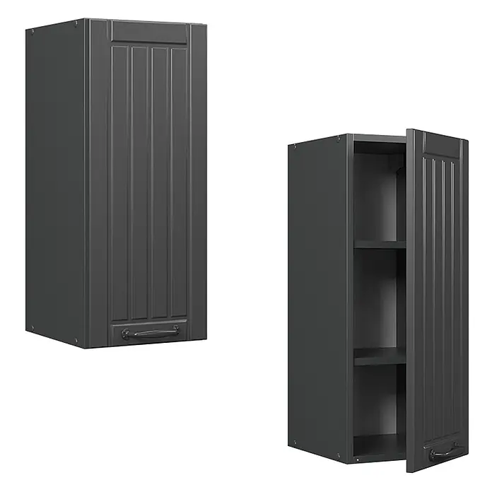 Vicco Schrankküche Fame-Line Dunkelgrau - Dunkelgrau, Hängeschrank 30 cm - Dunkelgrauer Wandschrank mit geriffelter Tür, einer geschlossen, einer offen mit zwei Fächern und Griff.