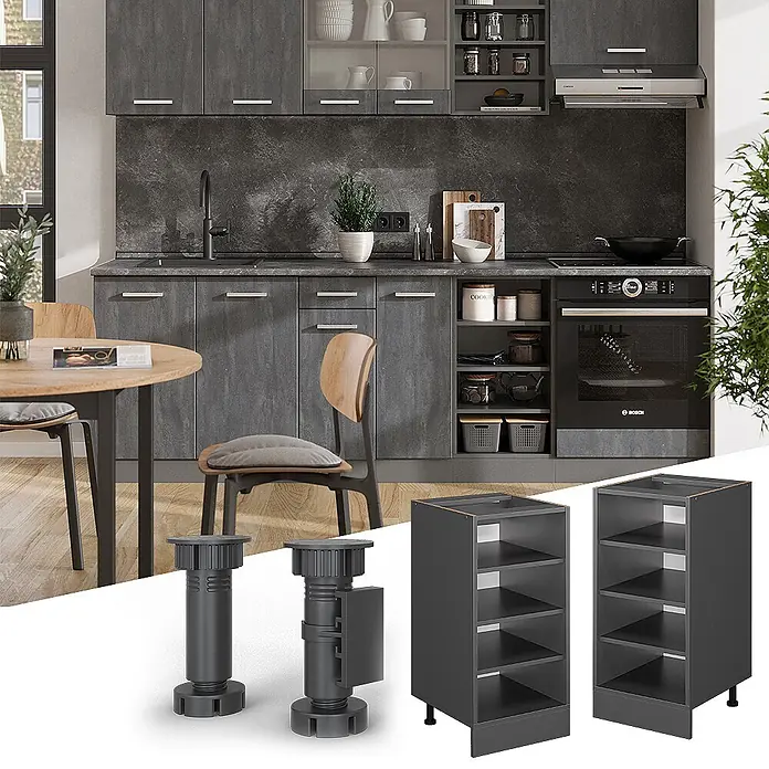 Vicco Schrankküche R-Line Anthrazit, AP Eiche - Anthrazit, Regalunterschrank 40 cm, AP Eiche - Dunkelgraue Küchenschränke in moderner Küche, mit Einzelteilen wie verstellbaren Beinen und Regaleinheiten.