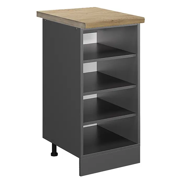 Vicco Schrankküche R-Line Anthrazit, AP Eiche - Anthrazit, Regalunterschrank 40 cm, AP Eiche - Dunkelgrauer offener Lagerschrank mit heller Holzplatte und verstellbarem Fuß.