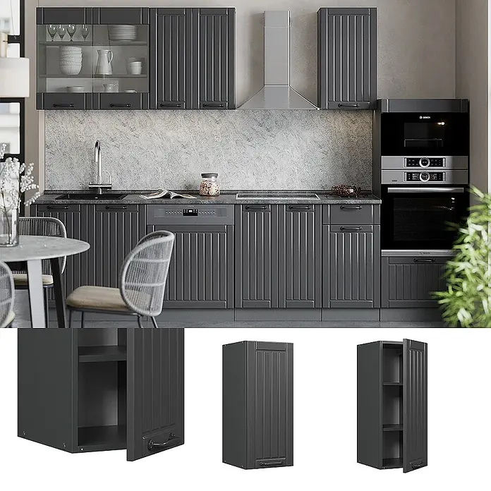 Vicco Schrankküche Fame-Line Dunkelgrau - Dunkelgrau, Hängeschrank 30 cm - Dunkelgraue Küchenschränke mit vertikalen Paneelen und schwarzen Griffen, präsentiert in einer modernen Küchenumgebung.