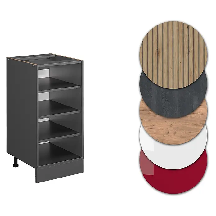 Vicco Schrankküche R-Line Anthrazit, AP Eiche - Anthrazit, Regalunterschrank 40 cm, AP Eiche - Dunkelgrauer Küchenunterschrank mit offenen Regalen und Materialmustern für Oberflächenoptionen wie Holz, Stein, Weiß und Rot.