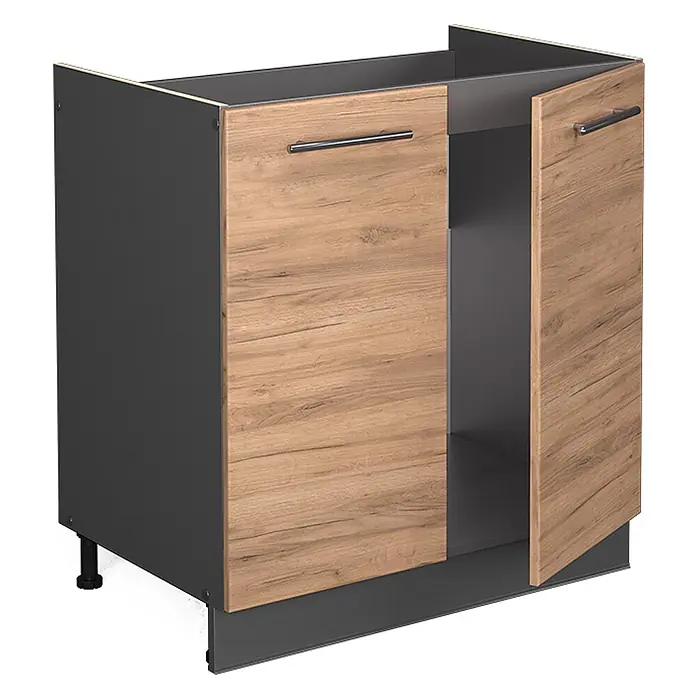Vicco Schrankküche Fame-Line Goldkraft Eiche ohne Arbeitsplatte - Goldkraft Eiche, Spülenunterschrank 80 cm - Dunkelgrauer Küchenunterschrank mit hellen Holzmaserungstüren und silbernen Griffen.