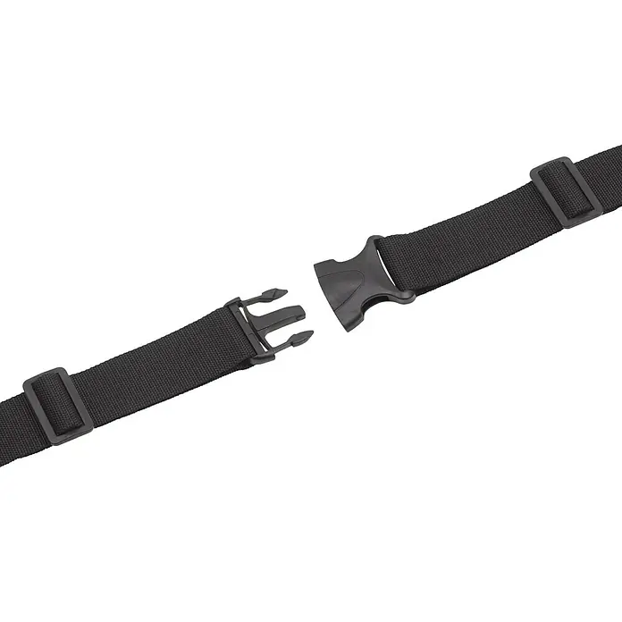 Gürtel - 135 cm, Nylon, Schwarz - Nahaufnahme eines schwarzen, geöffneten Gurtes mit Schnalle und Verstellern. Das Produkt ist ideal für Taschen oder Outdoor-Ausrüstung.