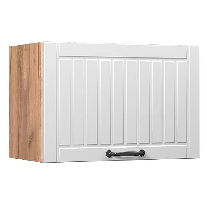 Vicco Schrankküche Fame-Line Weiß Landhaus Flach - Weiß Landhaus, Hängeschrank 60 cm (flach) - Weißer Küchen-Hängeschrank mit vertikalen Paneelen, Holzoptik-Seitenwand und schwarzem Griff.