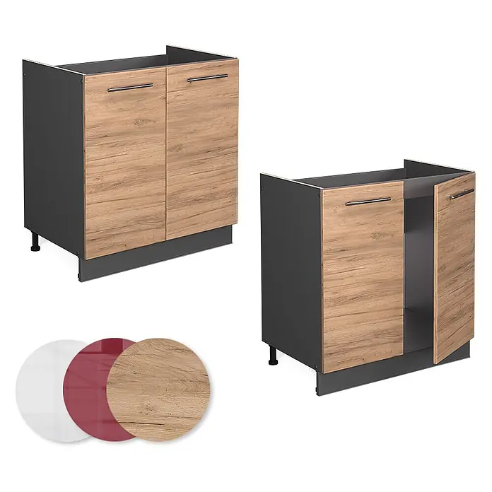 Vicco Schrankküche Fame-Line Goldkraft Eiche ohne Arbeitsplatte - Goldkraft Eiche, Spülenunterschrank 80 cm - Küchenunterschrank: Holz-Optik Türen, dunkelgrauer Korpus. Mit geschlossenen und offenen Türen.