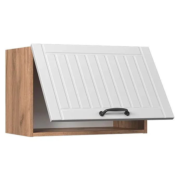 Vicco Schrankküche Fame-Line Weiß Landhaus Flach - Weiß Landhaus, Hängeschrank 60 cm (flach) - Weißer Wandschrank mit Lamellentür, schwarzem Griff und hellem Holzdekor, teilweise geöffnet.