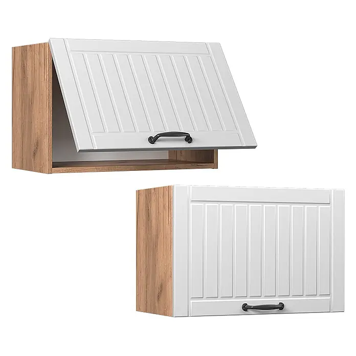 Vicco Schrankküche Fame-Line Weiß Landhaus Flach - Weiß Landhaus, Hängeschrank 60 cm (flach) - Zwei Küchen-Hängeschränke mit weißen Rillenfronten und Holzseiten, einer offen, einer geschlossen.