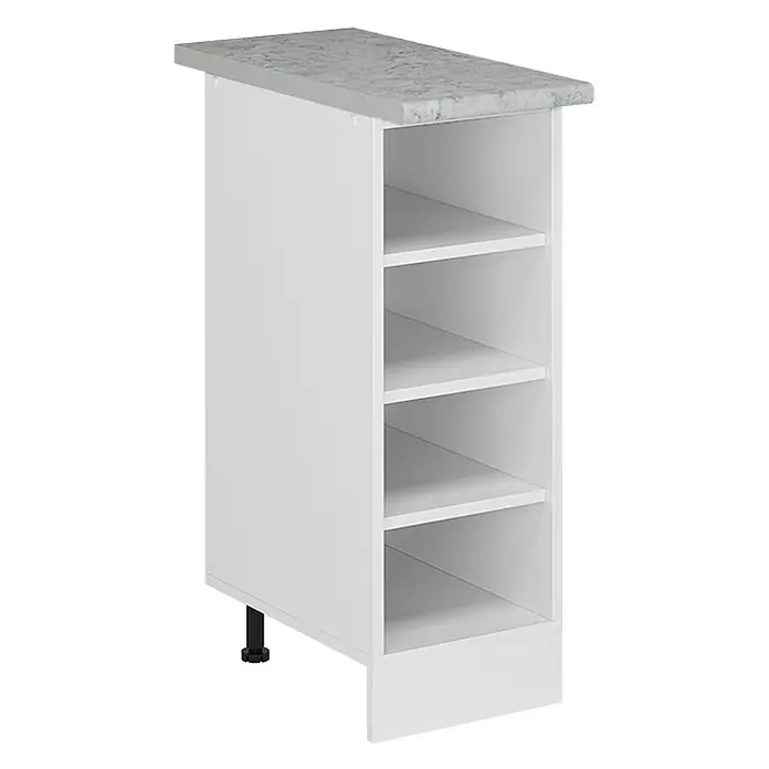 Vicco Schrankküche R-Line Weiß, AP Marmor - Weiß, Regalunterschrank 30 cm - Weißer Küchenunterschrank mit grau melierter Arbeitsplatte und offenen Regalen, einem verstellbaren Fuß.