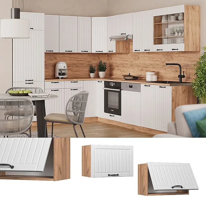 Vicco Schrankküche Fame-Line Weiß Landhaus Flach - Weiß Landhaus, Hängeschrank 60 cm (flach) - Moderne weiße Küche mit vertikal getäfelten Schränken, hellen Holzmaserungs-Akzenten, Arbeitsplatten und integrierten Geräten.